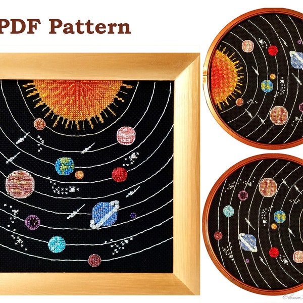Solar System Embroidery Pattern. Embroidery Design Galaxy Planets. Space Cross Stitch. Beginner Embroidery. Easy Cross Stitch. Space Theme