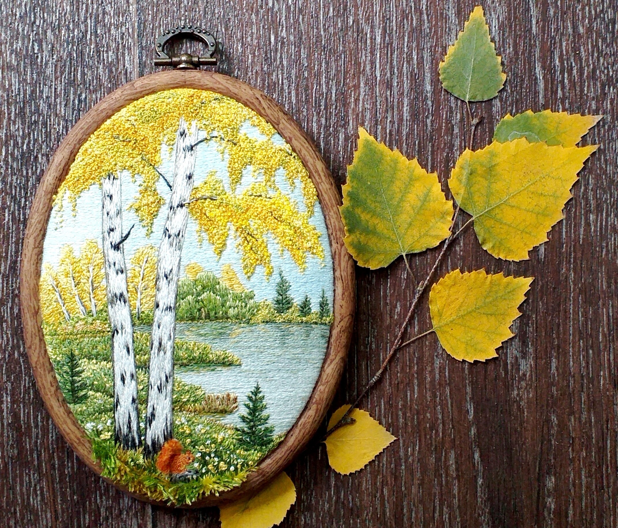 Embroidery Art Framed. 3D Embroidery Finished. Fall