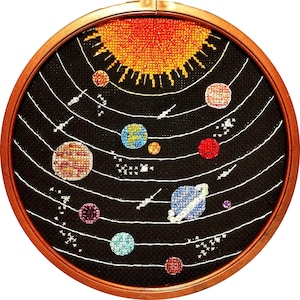 K&ouml;nnte beinhalten: Ein gesticktes Bild in einem runden Rahmen, das ein stilisiertes Sonnensystem mit einer gelben Sonne und mehreren Planeten in verschiedenen Farben darstellt.