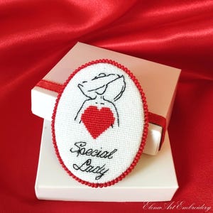 Handmade broach special lady Red heart brooch Unique gift for women Hand embroidered pin Anniversary gift for her Birthday gifts girlfriend