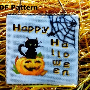 Happy Halloween Cross Stitch Embroidery, Black Cat & Pumpkin, Cross Stitch Pattern PDF, Beginner Embroidery, Halloween Decor Indoor Hanging