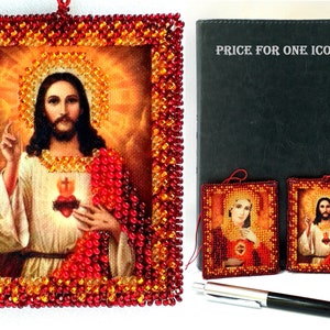 Modern Hand Embroidery Icon. Miniature Beaded Icon. Sacred Heart Jesus. Catholic Religious Gift. Small Orthodox Icons. Christian Saint Charm