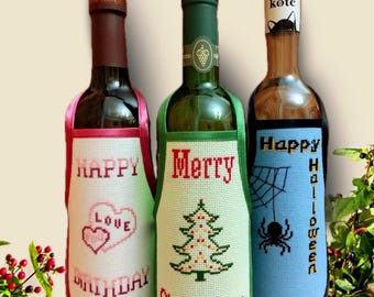 Set 3 Wine Bottle Cover. Christmas Decor Festive Table. Halloween Bottle Apron. Housewarming Gift. Birthday Table Decoration. Bottle Dress