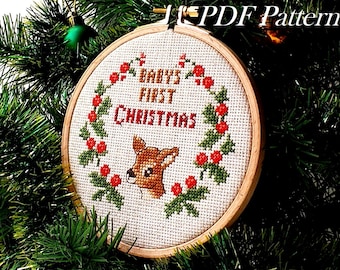 Babys First Christmas Ornament, Easy Cross Stitch Pattern, Beginner Embroidery, Santa Sack Gift, Babys Christmas Stocking, Christmas Baby