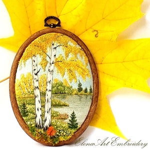 Mini Hand Embroidery Hoop Art. Picture Fall Landscape. Finished 3D Embroidery. Handcrafted Embroiderd Golden Autumn. Autumn Birch Design