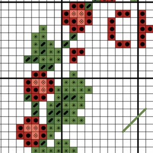 Puede incluir: Patr&oacute;n de punto de cruz con un dise&ntilde;o floral rojo y verde con la palabra "HOPE" en negro.