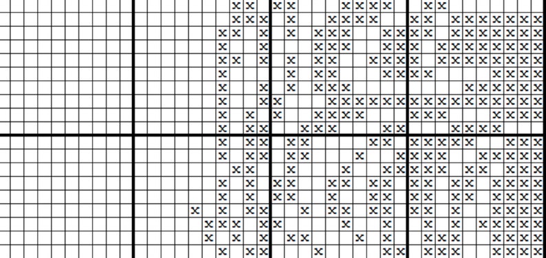 May include: Black and white cross stitch pattern with a grid of squares. Each square is filled with an 'x' or left blank.
