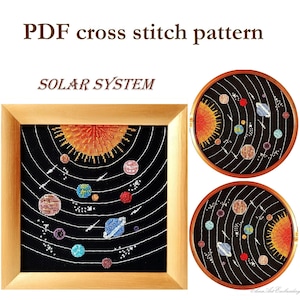 Solar System Embroidery Pattern. Embroidery Design Galaxy Planets. Space Cross Stitch. Beginner Embroidery. Easy Cross Stitch. Space Theme