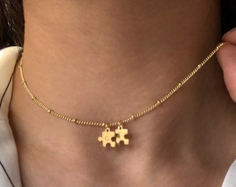 Personalized Tiny Puzzle Piece Choker, Friend Group Necklaces, Long Distance, Mom Gift, Autism Awareness