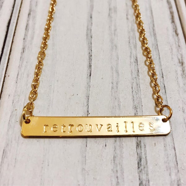 Beautiful French Words Hand Stamped Bar Necklace
