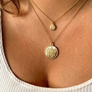 Latin Set "Virtute Tua Fiat Pax In" Gold Filled Amulet Pendant Necklaces, Floral Coin Necklace, Religious Jewelry, Layering Necklaces