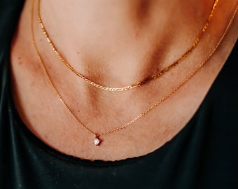 Layered Gold Necklace, Diamond Necklace, Dainty Figaro Chain, Minimalist Style Jewelry