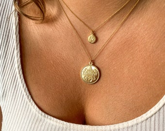 Latin Set "Virtute Tua Fiat Pax In" Gold Filled Amulet Pendant Necklaces, Floral Coin Necklace, Religious Jewelry, Layering Necklaces