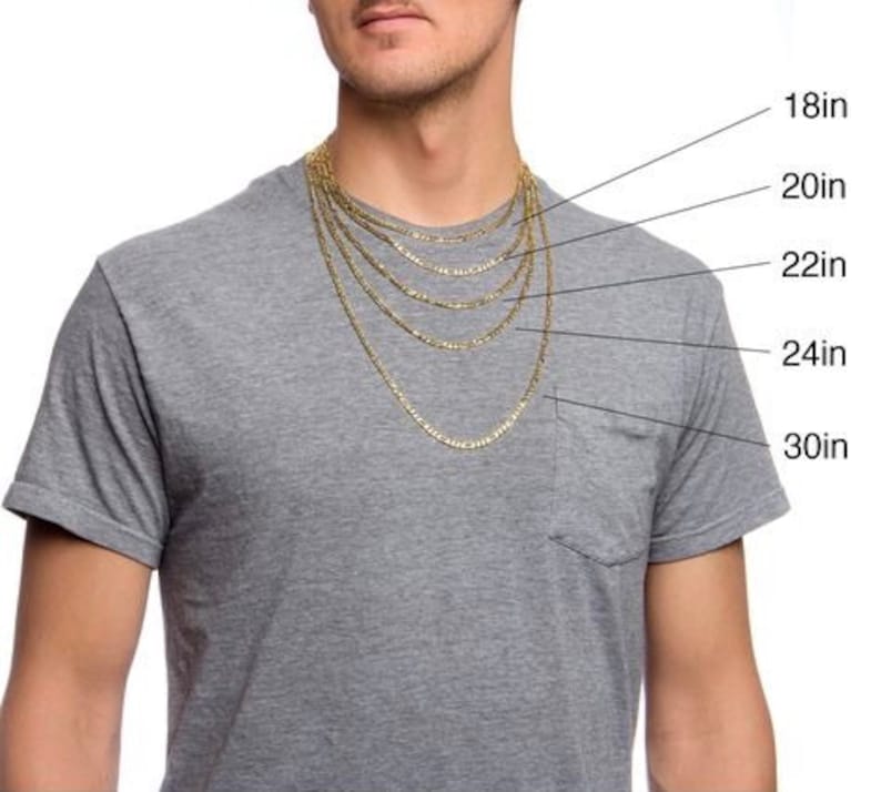 May include: A gold chain necklace with multiple lengths displayed on a model. The lengths are 18 inches, 20 inches, 22 inches, 24 inches, and 30 inches.