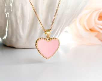 Dainty Pink Enamel Heart Charm Necklace, Heart Necklace, Valentine's Day Gift, Delicate Jewelry