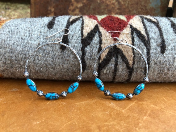 Sterling Silver & genuine turquoise hoop earrings, .925, Egyptian Turquoise, Dark Blue, Indigo