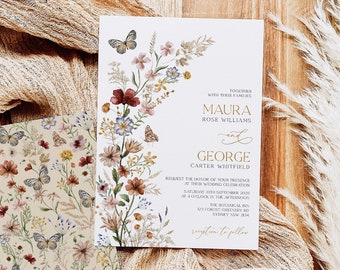 Editable Boho Floral Wedding Invitation Rustic Wildflower Bridal Party Bohemian Fall Pressed Flowers Invite Template Instant Download WF1