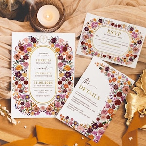 Conjunto de invitaciones de boda con flores silvestres de otoño, plantilla de paquete de boda de otoño, tarjeta de confirmación de asistencia para boda imprimible, descarga editable, GAR4