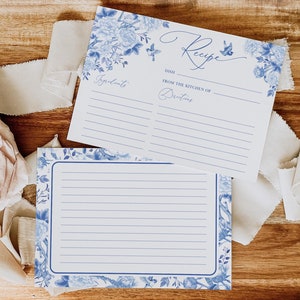 Cartão de receita floral azul e branco Chinoiserie Toile Bridal Shower Delft Blue Porcelain Wedding Shower Receita para impressão DOWNLOAD INSTANTÂNEO BW1