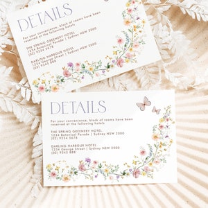 Pastell-Wildblumen-Hochzeitsdetails-Karte Eleganter Garten-Blumen-Antwortkarte Frühlings-Schmetterlings-Märchen-Hochzeit EDITIERBARE Vorlage Laden Sie WF2 herunter