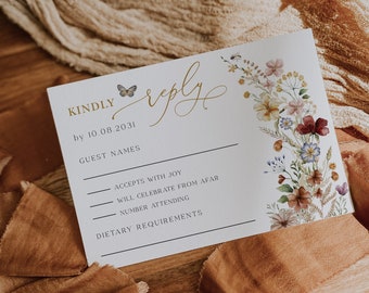 Wildflower Wedding RSVP Card Boho Floral Response Insert Card Garden Flowers Butterfly Party EDITABLE Template Instant Download, WF1