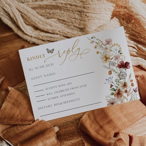 Wildflower RSVP-kaart voor bruiloft Boho Floral Response Insteekkaart Tuinbloemen Vlinderfeest BEWERKBARE sjabloon Instant Download, WF1