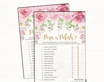 Pink Floral PORN or POLISH Bachelorette Party Game. Pink Gold Bridal Wedding Shower. Blush Watercolor Roses Garden Hens Night Tea Party. RO1