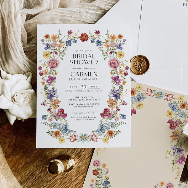 Colorful Flowers Bridal Shower Invitation Boho Floral Garden Wedding Shower Invite Elegant Classy EDITABLE TEMPLATE Instant Download WF4