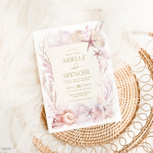 Invitación de boda en el océano Invitación de boda en la playa Conchas de mar de coral PLANTILLA EDITABLE Dreamy Blush Lavender Marine Invite Isntant Descargar OC1