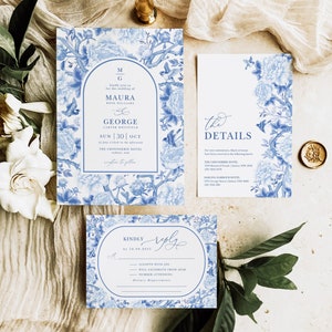 Conjunto de convites para casamento Chinoiserie, modelo de pacote de casamento em porcelana azul, cartão de detalhes RSVP azul e branco, download editável, BW1