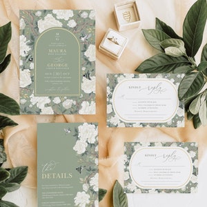 Saliegroene chinoiserie bruiloft uitnodigingssuite, Grandmillenial witte bloemen bruiloft bundel, RSVP invoegen, kaart met details, bewerkbaar, CHI1