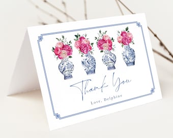 Editable Chinoiserie Folded Thank You Card, Delft Blue Porcelain Ginger Jars Place Card Template, Hot Pink Blush Flowers Grandmillenial CHI3