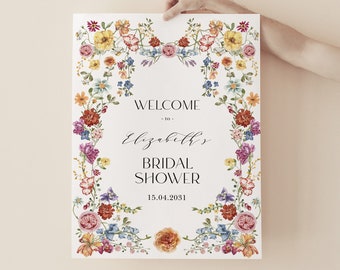 Colorful Boho Wildflower Bridal Shower Welcome Sign Bohemian Garden Flowers Wedding Shower Summer Spring Floral Wreath EDITABLE Template WF4