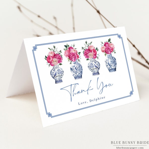Editable Chinoiserie Folded Thank You Card, Delft Blue Porcelain Ginger Jars Place Card Template, Hot Pink Blush Flowers Grandmillenial CHI3