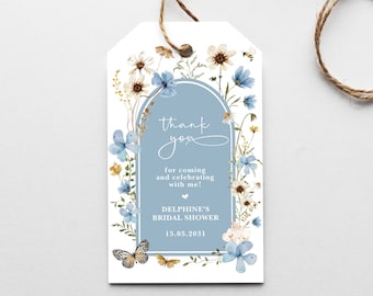 Wildflower Bridal Shower Favor Tag, Dusty Blue EDITABLE Wedding Gift Tag Template, Boho Floral Garden Printable Instant Download, FLO46