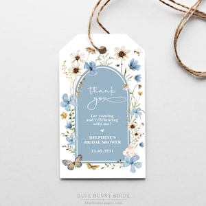 Wildflower Bridal Shower Favor Tag, Dusty Blue EDITABLE Wedding Gift Tag Template, Boho Floral Garden Printable Instant Download, FLO46