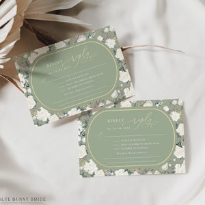 Sage Green Wedding RSVP Chinoiserie Tarjeta de respuesta floral blanca Porcelana verde Patrón de toile francés Plantilla EDITABLE Descarga instantánea, CHI1