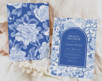 CHINOISERIE GARDEN Bridal Shower Invitation Delft Blue White Chinoiserie Floral Wedding Shower Invite Bird Peony Porcelain EDITABLE Template