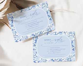 Chinoiserie Wedding RSVP Blue White Floral Response Card Delft Blue Porcelain French Toile Pattern EDITABLE Template Instant Download, BW1