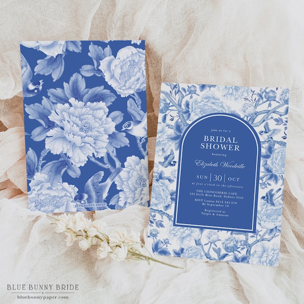 CHINOISERIE GARDEN Bridal Shower Invitation Delft Blue White Chinoiserie Floral Wedding Shower Invite Bird Peony Porcelain EDITABLE Template