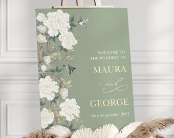 Sage Green Chinoiserie Wedding Welcome Sign White Floral Porcelain Wedding Decor EDITABLE Template Grandmillenial Instant Download, CHI1