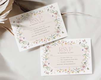 Soft Wildflower Wedding RSVP Elegant Pastel Flowers Response Card Spring Butterfly Fairytale Wedding EDITABLE Template Download WF2