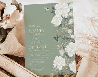 Sage Green Chinoiserie Wedding Invitation White Floral Porcelain Wedding Shower Grandmillenial Cottagecore EDITABLE Template Download, CHI1