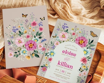 Bright Wildflower Wedding Invitation Boho Garden Floral Wedding Invite Editable Colorful Flower Butterfly Invitation Template Download WF5