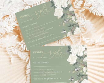 Sage Green Chinoiserie Wedding RSVP White Floral Porcelain Response Card Grandmillenial French Toile Pattern EDITABLE Template Download CHI1