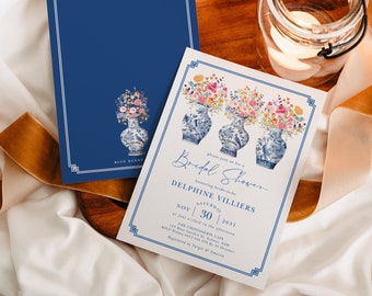 Colorful Wildflower Chinoiserie Bridal Shower Invitation Blue White Porcelain Grandmillenial Wedding Invite EDITABLE TEMPLATE Download CHI4