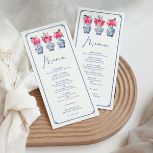 Plantilla de menú de boda, Menú editable de despedida de soltera Chinoiserie, Imprimible en azul y blanco, Tarjeta de menú de mesa de boda, Descarga instantánea, CHI3