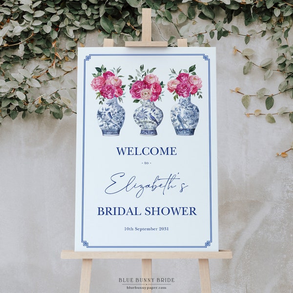 Chinoiserie Bridal Shower Welcome Sign Ginger Jar Pink Peonies Wedding Shower Sign Delft Blue Coastal Porcelain EDITABLE Template CHI3