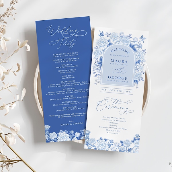 Chinoiserie Wedding Program Blue White Floral & Birds Wedding Day Itinerary DIY Classic Printable EDITABLE TEMPLATE Instant Downlod BW1