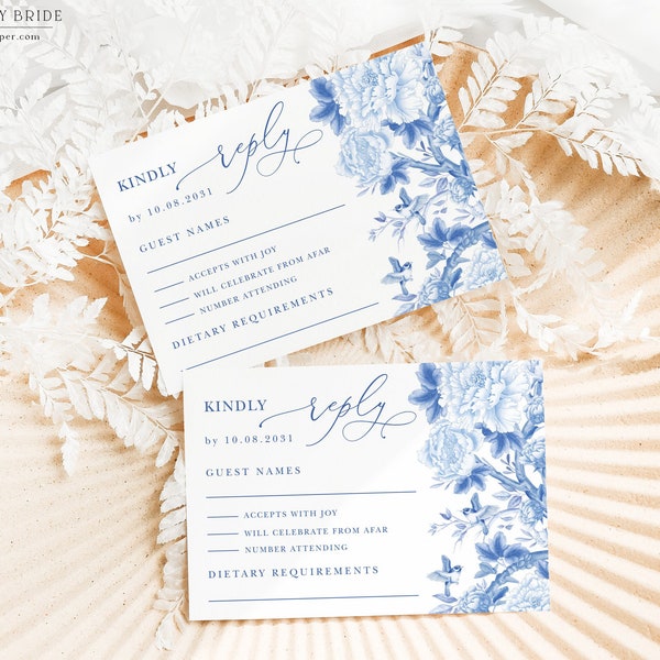 Blue White Wedding RSVP Floral Chinoiserie Insert Card Bird Peony Garden Party Delft Blue Chinese Porcelain EDITABLE Template Download, BW1